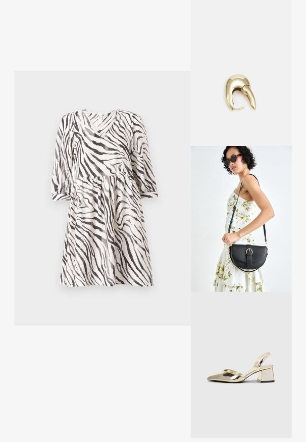 Zebras raksts kleita melnbaltā krāsā ar V veida dekoltē, trīs ceturtdaļu piedurknēm un savilktu vidukli. Viegls audums ar plūstošu siluetu.; Zeltaini, metāla kurpes ar siksniņām, norakans purngalis un masīla papēdis. Gluda tekstūra, minimālisma dizains un šaura siksna.; Melnas ādas rokassoma ar izliekta formu, noņemamu siksnu un zelta aksesuāriem. Somai ir vāciņš ar sprādzes detaļu.; Zeltīti metāla auskari ar gludu, izliekta dizaina. Ar atšķirīgu smailu formu, pulētu virsmu un eņģu aizdari.