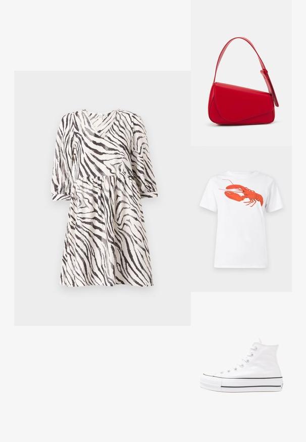 Mustritud kleit musta ja valgega, millel on V-kaelus, kolmeveerandi varrukad ja kogutud vöökoht. Kerge kangas voolava siluetiga.; Valge puuvillane T-särk, mille ees on suur erkpunane homaarigraafika. Lühikesed varrukad ja tavaline ümar kaelus.; Valge kõrgem kangast tenniseking, millel on must kummist tald, ees kummist varvasetugi ja kuus aukku paelte jaoks, pakkudes puhta ja minimalistliku disaini.; Punane nahast käekott, millel on nurkadega geomeetriline disain. Omab ühte reguleeritavat rihma ja klappidega sulgemist, millel on õmblustega kaunistused.