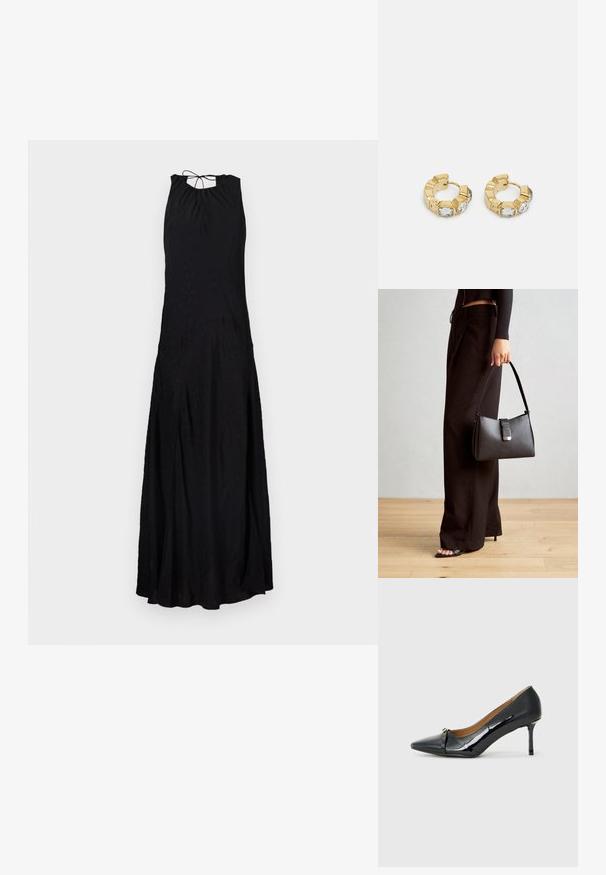 Vestido maxi preto com gola halter, apresentando um laço nas costas, formato fluido e uma superfície texturizada que adiciona detalhes subtis.; Sapato de salto alto em couro laqueado preto com bico fino, detalhe de tira decorativa na parte da frente e um salto agulha fino.; Bolsa preta com forma estruturada, textura suave e um fecho metálico. Combinada com calças largas pretas e sandálias de salto aberto sobre um chão de madeira.; Brincos de argola dourados com um design texturizado e três cristais transparentes em um lado, oferecendo uma estética geométrica moderna.