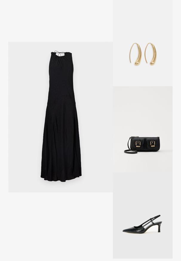 Fekete maxiruha magas nyakrésszel, hátul megkötött, áramló formával és texturált felülettel, amely finom részleteket kölcsönöz.; Fekete lakk slingback sarok, hegyes orral, texturált kígyómintával, állítható pánttal és rövid, texturált tömbsarkal.; Fekete bőr keresztbody táska két elülső zsebbel, arany csattokkal, cipzáras záródással és vékony pánttal. Textúrált felület és kompakt téglalap alak.; Aranyszínű fémből készült karika fülbevalók ívelt, hosszúkás formával. Simaságával és fényes felületével, valamint lekerekített végével további részletekkel bővül.