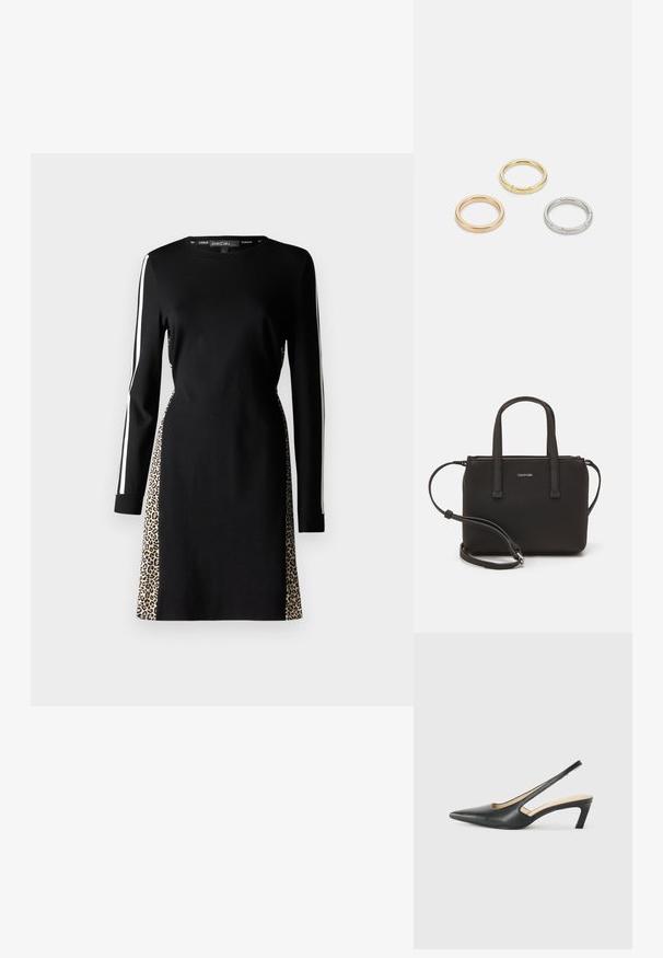 Juoda suknelė su ilgomis rankovėmis, baltomis šoninėmis juostomis ir leopardų rašto akcentais šonuose. Pagaminta iš lygaus, patogaus audinio.; Juodas smailus slingback batelis su žemu kulnu, pagamintas iš lygaus odos paviršiaus ir su išpjovomis šone, užtikrinančiomis oro pralaidumą.; Juoda rankinė su dviem trumpais rankenėlėmis ir nuimamu petį. Lygaus odos tipo medžiaga su užtrauktuku ir logotipo detale.; Trys metalinės žiedai: vienas rožinės aukso, vienas auksinis su tekstūruotais akcentais ir vienas sidabrinis, visi su įmintu ženklinimu vidinėje juostoje.