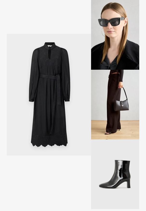 MUNTHE FONXO - Maksimekko - black; Musta patenttilakattu nilkkuri, jossa on terävä kärki ja keskipitkä lohkarekorko. Silkkinen pinta ja minimalistinen muotoilu.; Mustan kissakuvioisen aurinkolasit tummilla linsseillä, paksuilla kehyksillä ja hillityillä yksityiskohdilla. Yhdistetty mustaan takkiin ja harmaaseen paitoihin, joissa on pitkät suorat hiukset.; Musta käsilaukku, jossa on rakenteellinen muoto, sileä pinta ja metallinen solki. Yhdistetty leveisiin mustiin housuihin ja avonaiheisiin sandaaleihin puulattialla.