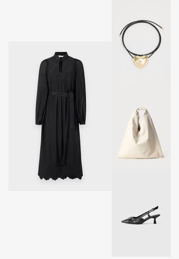 MUNTHE FONXO - Maxi ruha - black; Fekete bőr slingback cipő hegyes orral, dekoratív pántokkal, fém szemekkel és alacsony blokk sarkú. Texturált felület.; Beige, puha textúrájú táska egyedi csavart fogantyúval és átlós varrással. Minimalista dizájn, kerek kiegészítővel az alján.; Fekete fonott zsinór nyaklánc, polírozott arany szív medállal, sima vonalakkal és fényes felülettel.
