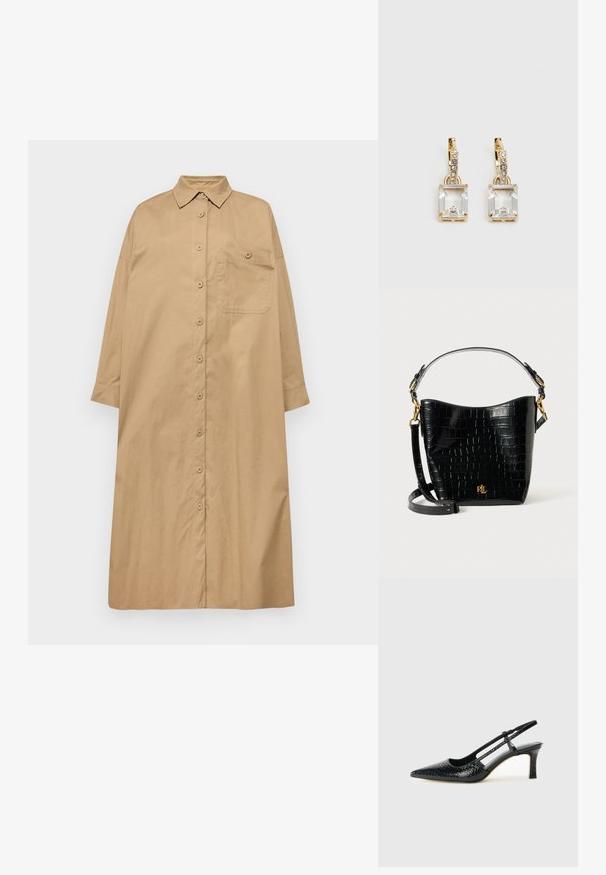 WEEKEND MaxMara SIBERIA - Nappali ruha - beige; Fekete lakk slingback sarok, hegyes orral, texturált kígyómintával, állítható pánttal és rövid, texturált tömbsarkal.; Fekete krokodil bőrhatású táska ívelt formával, arany színű fémalkatrészekkel, állítható pánttal és logó részlettel elöl.; Aranyszínű fülbevalók, melyek egy téglalap alakú, tiszta kristállyal díszítették, ami egy sor kis, kerek, tiszta kiegészítő alatt lóg. Letisztult, modern dizájn.