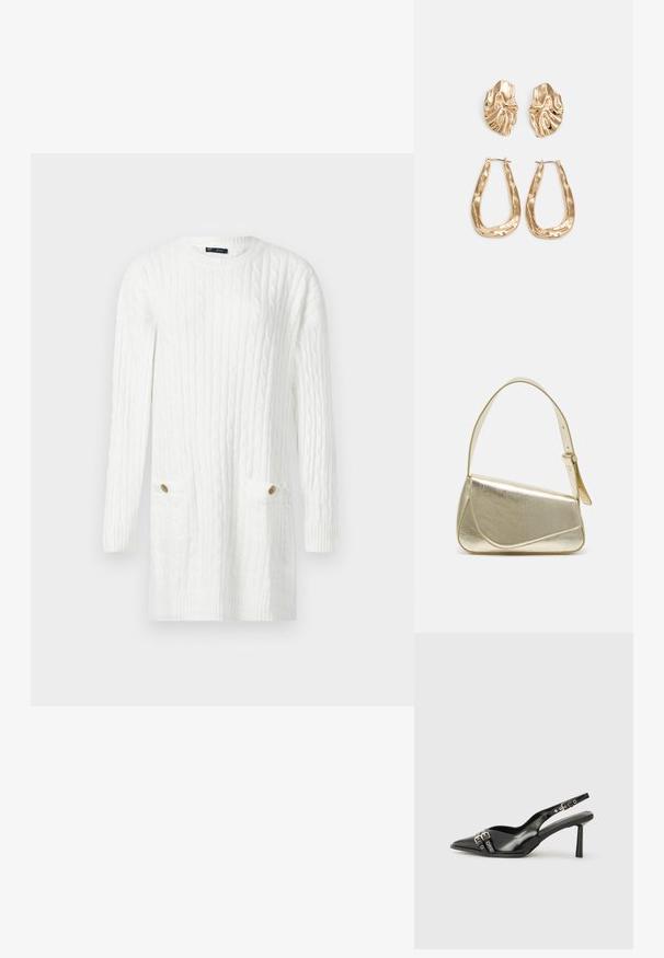 Hvit strikket kjole med lange ermer, med kabelmønster og to frontlommer, hver med en gullknapp.; Sorte patentlær slingback-sko med spiss tå, ankelremmer med sølvspenner og detaljer, og en slank hæl.; Gullfarget metallisk håndveske med en strukturert design, glatt tekstur og justerbar stropp. Har en unik trekantet form og minimalistisk søm.; Gullfargede øredobber med teksturerte, bølgete former. Inkluderer skulpturelle klipsstuds og åpen hoop-design med en hamret finish.