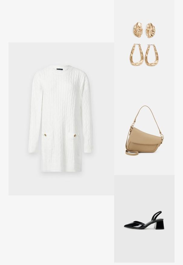Biała dzianinowa sukienka o długim rękawie z wzorem w warkocze i dwiema przednimi kieszeniami, z których każda ma złoty guzik.; Czarne lakierowane półbuty na obcasie z wydłużonym noskiem i geometrycznym słupkiem. Charakteryzują się eleganckim, minimalistycznym designem oraz gładką fakturą.; Even&Odd - Torebka; Złote kolczyki w odcieniu, prezentujące teksturowane, faliste kształty. Zawierają rzeźbiarskie klipsy i otwarty projekt kółek z młotkowanym wykończeniem.