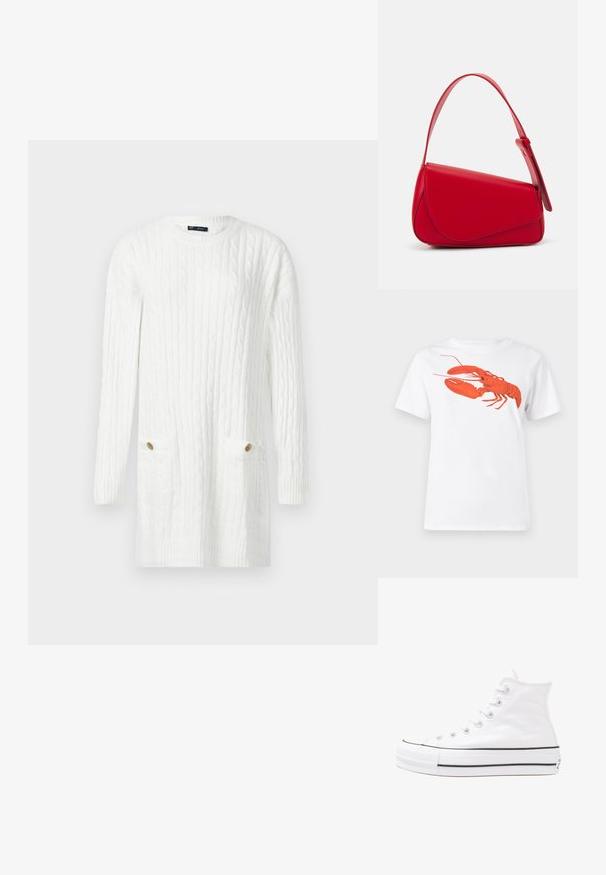 Balts adīts garām piedurknēm svārku kleita ar kabelīša rakstu un divām priekšējām kabatām, katra ar zelta pogu.; Balta kokvilnas T-krekls ar lielu, spilgti sarkanu omāru grafiku uz priekšu. Īsas piedurknes un standarta apļveida kakla dizains.; Balti augstie kanvas sporta apavi ar melnu gumijas zoli, priekšējo gumijas purngalu un sešām acīm lencēm, kuriem ir tīrs, minimālistisks dizains.; Sarkans ādas rokassomi ar stūrainu, ģeometrisku dizainu. Iekļauj vienu regulējamu siksnu un vāku ar izšūtu detaļu.