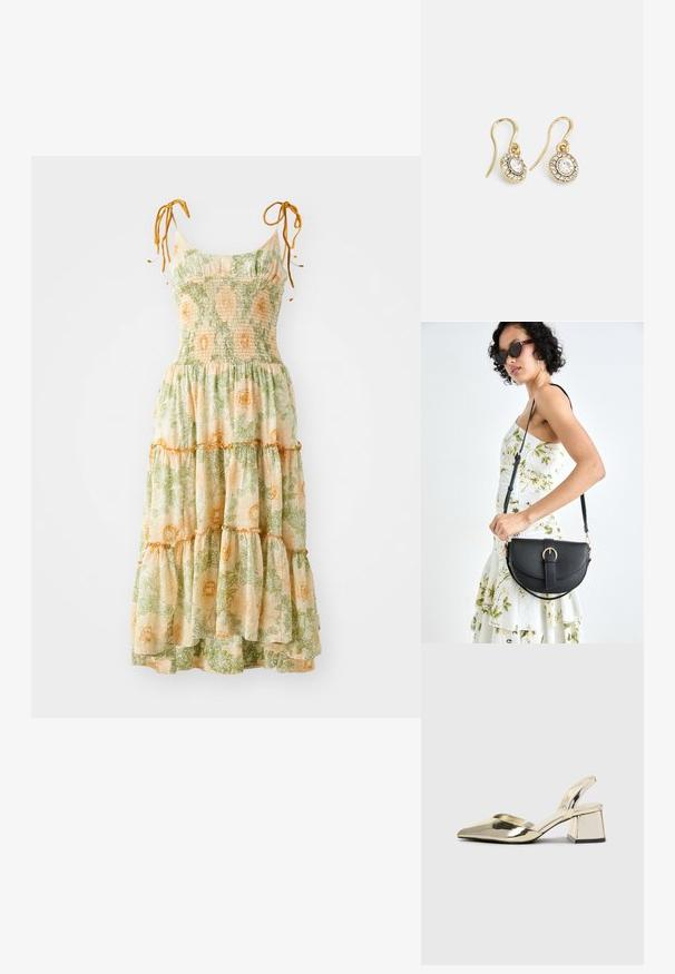 Floral maxi-jurken met spaghettibandjes, geplooide bovenkant en gelaagde volants. Kenmerkt een groen en oranje botanische print op een lichte achtergrond.; Gouden, metalen slingback hakken met een spitse neus en een chunky hak. Glad oppervlak, minimalistisch ontwerp en een smalle band.; Zwarte leren handtas met een gebogen vorm, afneembare schouderband en gouden hardware. De tas heeft een klep met een gespsluiting.; Goudkleurige oorbellen met ovaalvormige heldere kristallen omringd door kleinere heldere stenen, met een haakontwerp voor een veilige draagervaring.