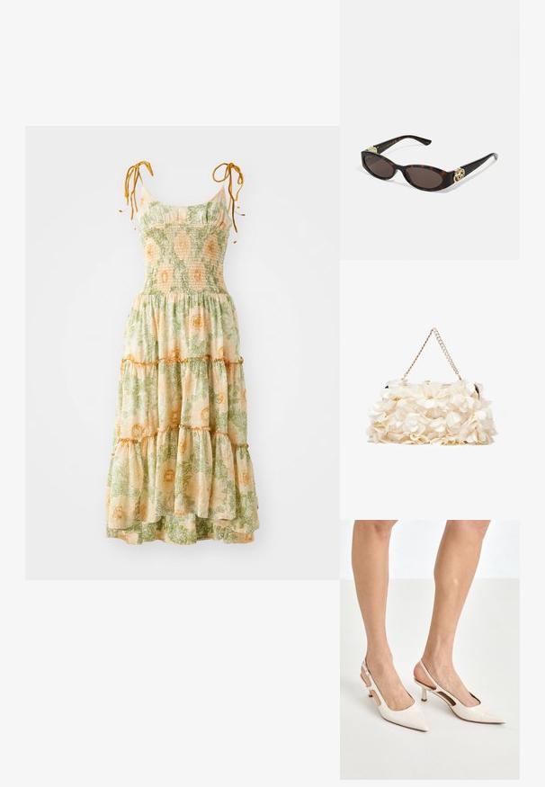 Lillelille lillemaaliga maxi-kleit õhukeste rihmadega, kokku kogutud kehaosaga ja kihilise lõpetusega. Omab roheline ja oranž taimetrükki helesinisel taustal.; Beesek patentnaha slingback kontsad 5 cm kontsaga, millel on terav nina ja lõigatud külgedega ning õhuke pahkluu rihm.; Kilpkonnakilbi stiilis prillid piklik-ovaalsete läätsede, pruunika tooniga, kuldsete logo aktsentidega templitel ja elegantsed mustad varred.; Valge lilleline käekott, millel on volditud kangapind, kuldne ahelakott ja metallist klamber. Omab tekstureeritud kroonlehti, mis lisab detailidele sügavust.