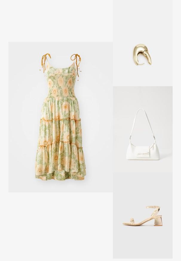 Blomstrete maxikjole med spaghetti-stropper, samlet liv og lagte tiers. Har grønn og oransje botanisk trykk på en lys bakgrunn.; Gylne metalliske hælsandaler med en vinkelret blokhæl, to stropper over foten og en justerbar ankelstropp. Jevn tekstur.; Hvit syntetisk håndveske med trekantet form, flat klaff foran og sløyfe detaljer, justerbar stropp, glatt tekstur og minimalistisk design.; Gullfarget metalløredobber med et elegant, buet design. Har en karakteristisk spiss form, polert overflate og hengsel-lukking.