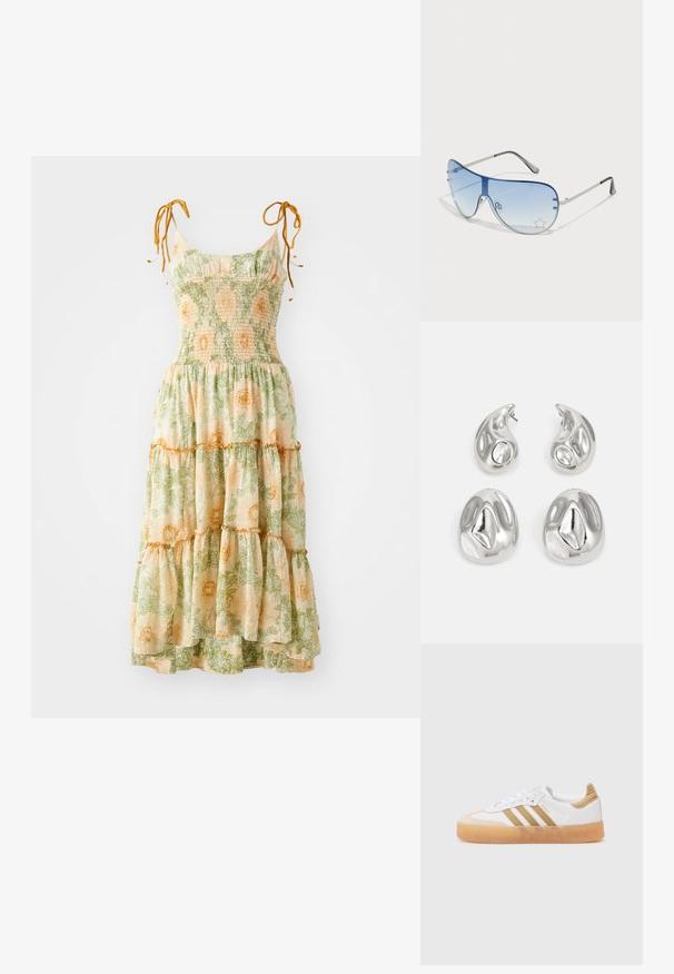 Vestido maxi floral con tirantes finos, pecho fruncido y volantes en capas. Presenta un estampado botánico en verde y naranja sobre un fondo claro.; Zapatilla blanca con acentos en beige, que presenta tres franjas, una puntera redonda y una suela de goma translúcida. Materiales de cuero suave y textil.; Gafas de sol tipo aviador con lentes azul degradado, montura de metal plateado y acentos decorativos de estrellas en los lentes. Diseño suave y elegante.; Pendientes de plata que presentan dos formas de lágrima y dos formas redondeadas, todas con una superficie pulida y reflectante, y una textura suave.