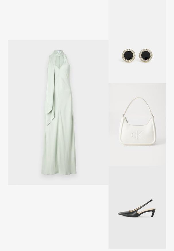 DAY Birger et Mikkelsen BRIELLE - Roupa de cerimónia - green; Sandal com bico fino e calcanhar baixo, em couro liso, com um design recortado na lateral para respirabilidade.; Mala de mão branca em pele com uma forma curva, apresentando um logo "CK" em relevo na frente e uma alça de ombro única. Fecho com zíper na parte superior.; DKNY INLAY STUD - Brincos - black/gold-coloured