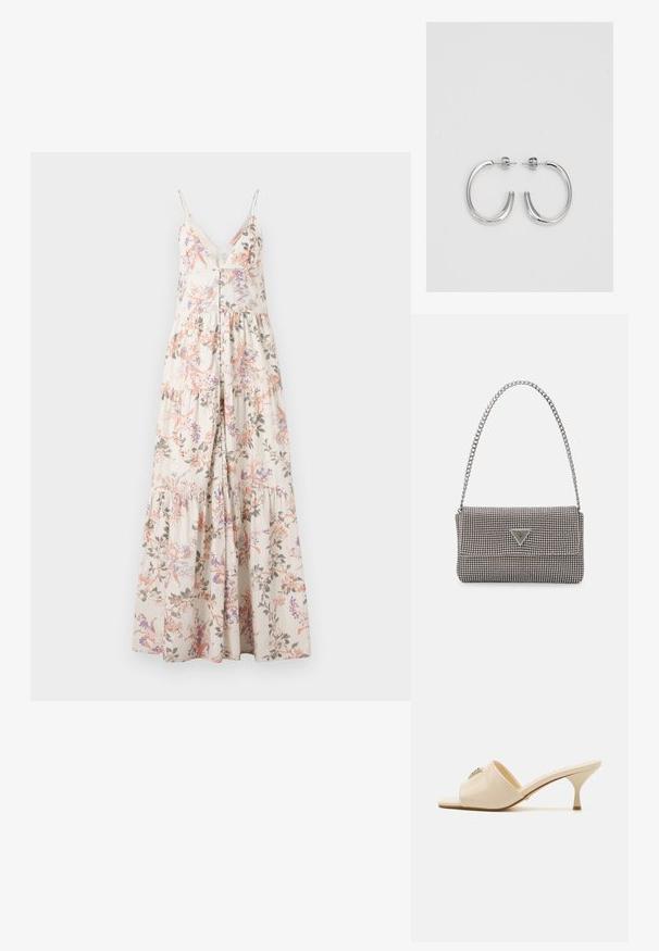 Robe maxi à bretelles spaghetti, motif floral en rose, violet et vert sur un fond crème, avec un devant boutonné et une jupe à volants.; Mule en cuir verni beige à bout ouvert avec un talon stiletto bas. Présente un accent décoratif central sur le dessus. Fini lisse et brillant.; Sac à main en métal gris clair avec une bandoulière en chaîne, orné de petits clous métalliques ronds et d'un logo de marque triangulaire.; Boucles d'oreilles en argent avec une finition lisse et brillante. Forme arrondie, conception légère, avec un fermoir à tige.