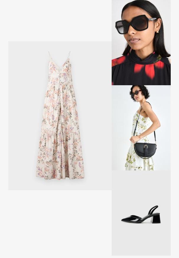 Rochie maxi cu bretele subțiri, cu un model floral în nuanțe de roz, violet și verde pe un fundal crem, având un închizător cu nasturi pe față și fustă în straturi.; Pantofi cu toc slingback din piele lacuită neagră, cu vârf ascuțit și toc geometric. Prezintă un design elegant, minimalist și o textură netedă.; Ochelari de soare negri, supradimensionați, cu un cadru geometral, lentile întunecate și accente hardware de nuanță aurie, purtați cu un top cu guler înalt și model floral.; Geantă din piele neagră, cu o formă curbată, curea detașabilă și accesorii aurii. Geanta are un capac cu un detaliu tip cataramă.