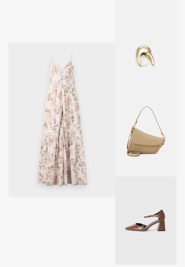 Maxikjole med spagettistropper, blomstermønster i rosa, lilla og grønn på en kremfarget bakgrunn, med knappelukking foran og lagdelt skjørt.; Brune lakksandal med firkantet tå, teksturert krokodillemønster, ankelreim med gullspenne og en tykk hæl.; Even&Odd Håndveske - beige; Gullfarget metalløredobber med et elegant, buet design. Har en karakteristisk spiss form, polert overflate og hengsel-lukking.