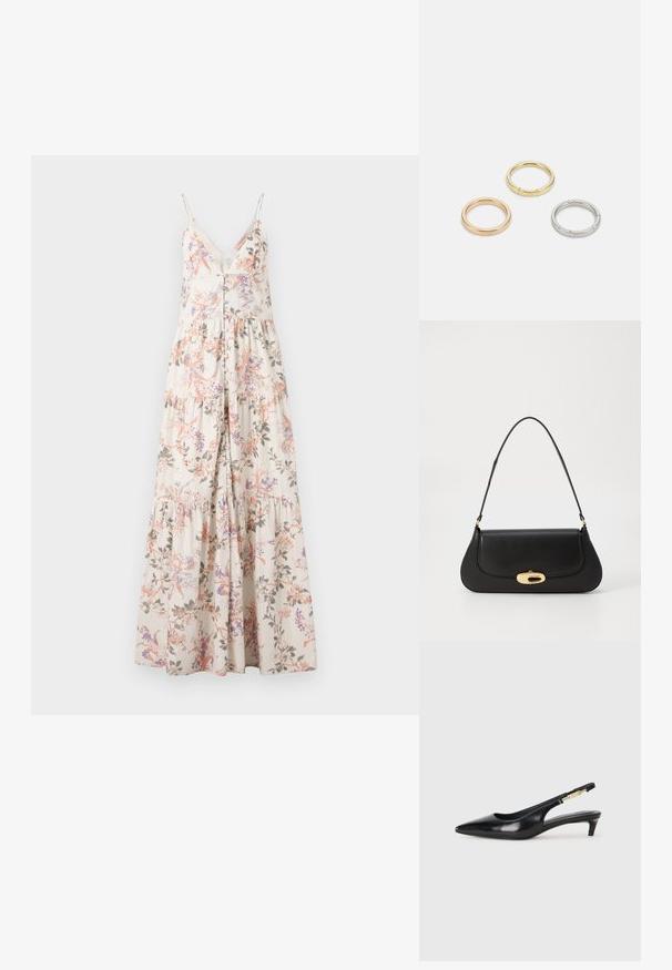 Robe maxi à bretelles spaghetti, motif floral en rose, violet et vert sur un fond crème, avec un devant boutonné et une jupe à volants.; Talons hauts en cuir noir avec un bout pointu, dotés d'un talon fin et d'un accent en ton or sur la lanière réglable. Texture lisse.; Sac à main en cuir noir avec un design incurvé, matériel doré et une poignée sur le dessus. Présente une fermeture élégante et une texture lisse.; Trois anneaux en métal : un en or rose, un en or avec des accents texturés, et un en argent, tous avec une gravure de marque à l'intérieur de la bande.