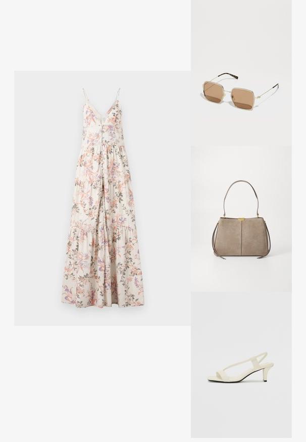 Maxikleid mit Spaghettiträgern, florales Muster in Rosa, Lila und Grün auf weißem Hintergrund, mit durchgeknöpftem Vorderteil und gestuftem Rock.; Beige Blockabsatzsandalen mit dünnen Riemen und quadrater Spitze. Glattes Material mit minimalem Design, entworfen für einfaches Tragen.; Goldene Metallsonnenbrille mit quadratischer Form, braun getönten Gläsern und subtilen grünen und roten Akzenten am Rahmen. Dünne, elegante Bügel.; Tommy Hilfiger CASUAL SHOULDER BAG - Handtasche - coastal taupe