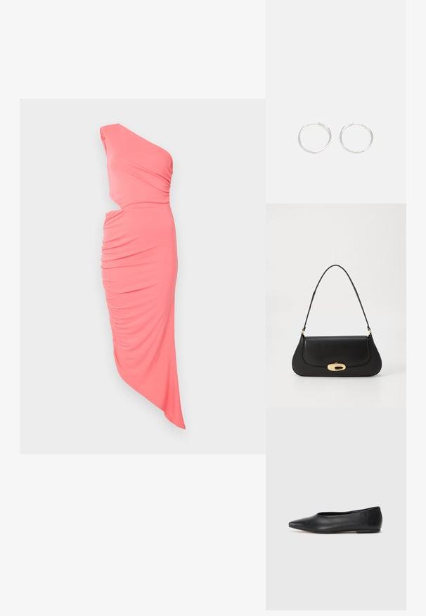 Egyszeles korall ruha, rugalmas anyagból készült, fodros részletekkel és aszimmetrikus himmel a karcsú sziluett érdekében.; Fekete bőr balettcipő, hegyes orral, minimalista dizájn, sima textúra, alacsony sarkú, látható fémrész vagy díszítés nélkül.; Fekete bőr táska ívelt kialakítással, arany színű fémrészletekkel és felső fogantyúval. Csúszásmentes záródás és sima textúra jellemzi.; Ezüst karika fülbevalók, letisztult, kerek formával, sima felülettel és látható díszítés nélkül. A átmérő nem megadott.
