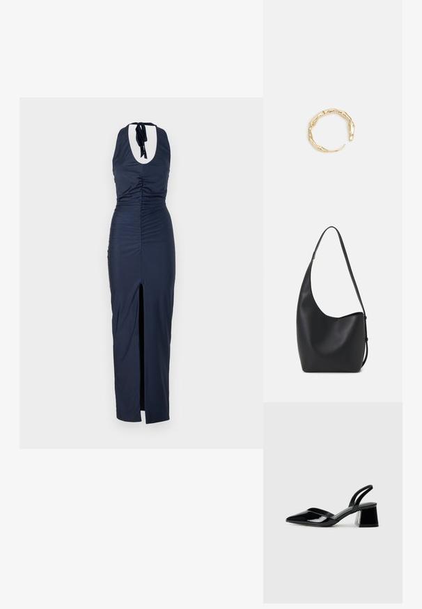 Tamno plava haljina s halter izrezom, skupljnom teksturom, bočnim izrezom i otvorenim detaljem na leđima. Materijal je glatka i prilagođena silueti.; Crne lakirane kožne sandale s otvorenom petom i špicastim vrhom, s geometrijskom blok petom. Imaju elegantan, minimalistički dizajn i glatku teksturu.; Crna kožna hobo torba s glatkom teksturom, zakrivljenim oblikom i jednom podesivom trakicom; ima širok otvor na vrhu.; Prsten u zlatnoj nijansi s organskim, uvijenim dizajnom, glatkom teksturom i suženim krajevima, koji stvara moderan, skulpturalni izgled.