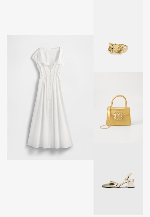 Robe blanche boutonnée avec col et manches courtes en forme de cape. Comprend une jupe évasée et des coutures verticales pour la mise en forme. Tissu en coton lisse.; Talons aiguilles dorés métalliques avec un bout pointu et un talon épais. Texture lisse, design minimaliste et une fine bride.; Sac à main en faux crocodile jaune avec un design structuré, une poignée supérieure, une bandoulière en chaîne amovible, et un ornement cristallin décoratif sur le fermoir.; Bague en or avec un design texturé et ondulé présentant trois sommets proéminents. Surface lisse et brillante avec un anneau ouvert pour un ajustement ajustable.