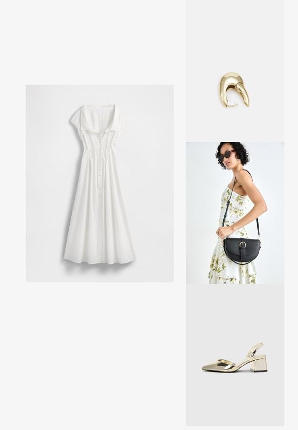 Witte button-up jurk gemaakt van lichtgewicht katoen. Heeft korte capmouwen, een kraag en een uitlopende rok met verticale naden.; Gouden, metalen slingback hakken met een spitse neus en een chunky hak. Glad oppervlak, minimalistisch ontwerp en een smalle band.; Zwarte leren handtas met een gebogen vorm, afneembare schouderband en gouden hardware. De tas heeft een klep met een gespsluiting.; Gouden metalen oorbel met een slank, gebogen ontwerp. Beschikt over een kenmerkende puntige vorm, gepolijste oppervlakte en scharnier sluiting.