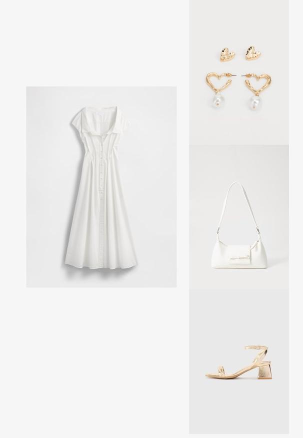 Weißes Hemdblusenkleid aus leichtem Baumwollstoff. Verfügt über kurze Kappenärmel, einen Kragen und einen ausgestellten Rock mit vertikalen Nähten.; Goldene metallische Sandale mit Absatz in Blockform, zwei Riemen über dem Fuß und einem verstellbaren Knöchelriemen. Glatte Textur.; Weiße synthetische Handtasche in dreieckiger Form, flache Vorderklappe und Schleifendetail, verstellbarer Trageriemen, glatte Textur und minimalistisches Design.; Herzförmige Ohrringe in Goldton mit strukturierter Oberfläche, mit einem hängenden Perlenakzent. Einschließlich passender Herz-Stiftohrringe.