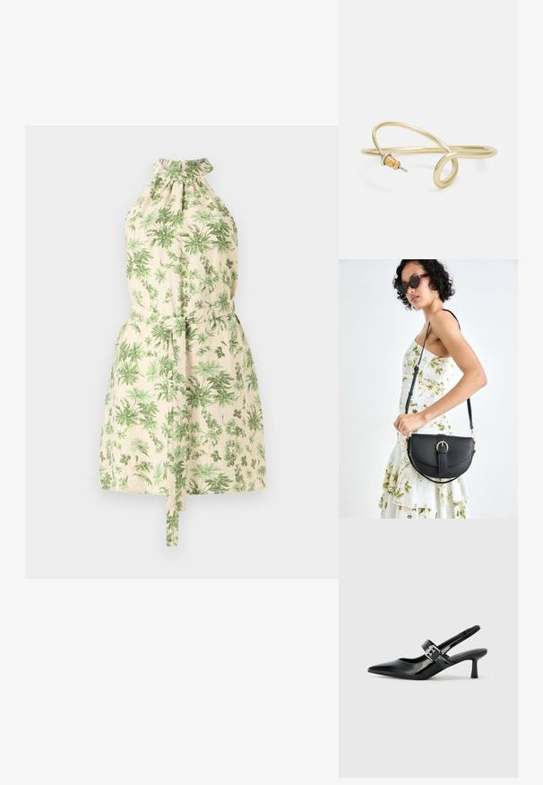 Halterio tipo suknelė, pagaminta iš lengvos medžiagos, su grietinėlės spalvos fono ir žalių lapų raštais, bei juosmens raišteliu.; Juodai lakuoti slingback aukštakulniai su smailiu kojų pirštu ir mažais blokiniais kulniukais, su sidabro sagtimi ant dirželio.; Juodas odinis krepšys su išlenkta forma, nuimamu dirželiu ir auksiniais detalėmis. Krepšys turi kilpą su sagtimi.; Auksinės spalvos metalinė apyrankė su skysčiu, kreipiančiu dizainu. Viename gale yra mažas, išsiskiriantis, sidabrinės spalvos akcentas.