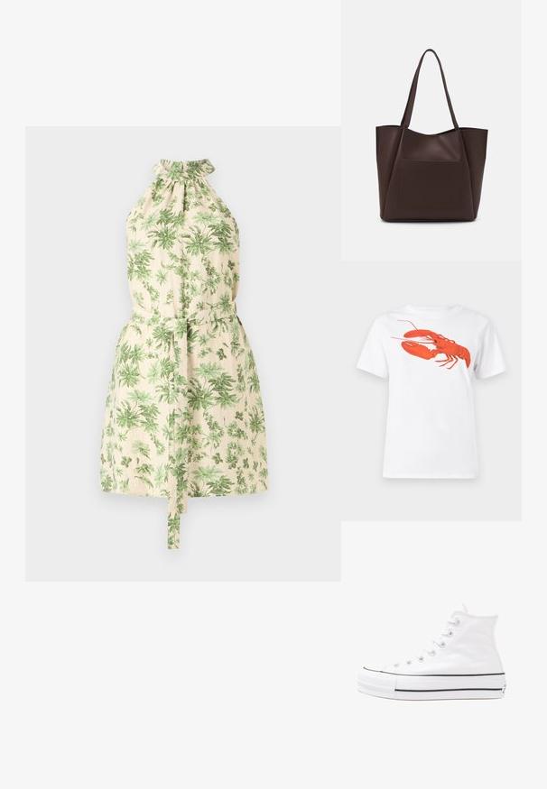 Rochie cu gât halter, realizată dintr-un material ușor, având un fundal crem cu modele de frunze verzi și o curea legată la talie.; Tricou alb din bumbac, cu un grafic mare, viu colorat de homar roșu pe față. Mâneci scurte și un guler standard de tip crew neck.; Adidași albi tip pantofi sport cu glezna din pânză, cu talpă din cauciuc negru, capac de vârf din cauciuc frontal și șase ochiuri pentru șireturi, având un design curat și minimalist.; Geantă tote maro, realizată dintr-un material neted, având un buzunar frontal mare, două mânere și un design simplificat, structurat.