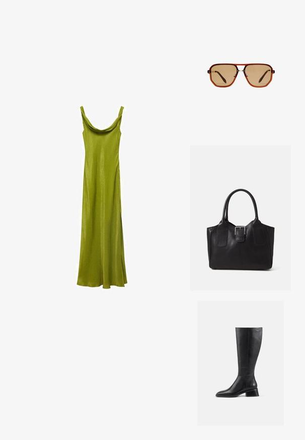 Zelena satenasta dolga obleka z draperijskim izrezom in tankimi naramnicami, ki se ponaša z elegantnim, prilagojenim dizajnom, ki se na robu širi.; Črne usnjene škornje do kolen z zaobljenim nosom in nizko block peto. Imajo gladko teksturo in minimalne šive.; Rjave osmerokotne sončne naočale s prozornim amber okvirjem in rjavimi lečami s senco. Imajo kovinski detajl na mostu in vitke temple.; Črna usnjena torba s gladko teksturo, strukturirano obliko, dvema ročkama in izrazitim srebrnim sponko na sprednji strani.