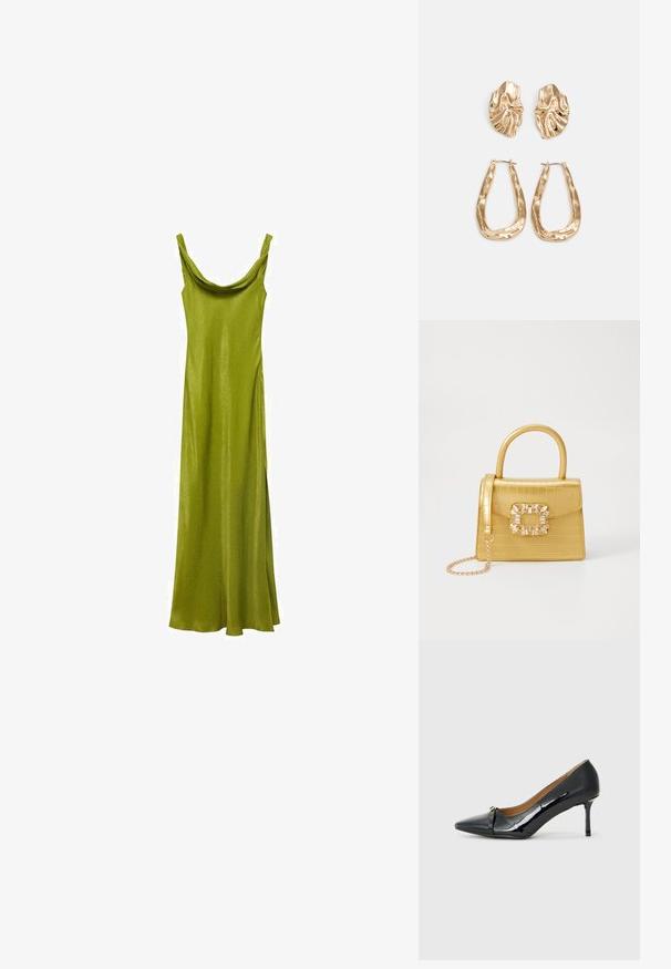 Robe longue en satin vert avec un décolleté drapé et des fines bretelles, arborant un design élégant et ajusté qui s'épanouit à l'ourlet.; Chaussure à talons hauts en cuir verni noir avec un bout pointu, détail de sangle décorative à l'avant et un fin talon aiguille.; Sac à main en faux crocodile jaune avec un design structuré, une poignée supérieure, une bandoulière en chaîne amovible, et un ornement cristallin décoratif sur le fermoir.; Boucles d'oreilles dorées présentant des formes texturées et ondulées. Comprend des clips sculpturaux et un design de créoles ouvertes avec une finition martelée.