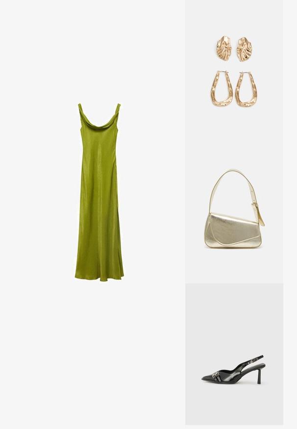 Zelené saténové dlhé šaty s drapovaným výstrihom a tenkými ramienkami, s hladkým, priliehavým strihom, ktorý sa na spodnej časti rozširuje.; Čierne lakované kožené slingback topánky s špicatou špičkou, remienkami okolo členku s striebornými prackami a hardvérom, a štíhlým podpätkom.; Zlatá metalická kabelka so štruktúrovaným dizajnom, hladkou textúrou a nastaviteľným popruhom. Obsahuje jedinečný trojuholníkový tvar a minimalistické šitie.; Náušnice v zlatej farbe s textúrovanými, vlnitými tvarmi. Obsahujú sochárske klipsové náušnice a otvorený tvar krúžku s kladivkovým povrchom.