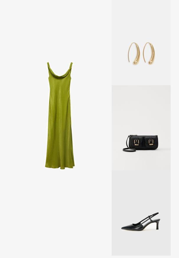 Rochie lungă din satin verde, cu un decolteu plisat și bretele subțiri, având un design elegant, ajustat, care se lărgește la tiv.; Pantofi cu toc slingback negri din patent, cu vârf ascuțit, cu imprimeu de șarpe texturat, curea ajustabilă și toc scurt texturat.; Geantă neagră din piele, tip crossbody, cu două buzunare frontale, catarame aurii, închidere cu fermoar și o curea subțire. Suprafață texturată și formă rectangulară compactă.; Cercei din metal auriu, cu un design curbat și alungit. Au o suprafață netedă și strălucitoare, cu un vârf rotunjit pentru un detaliu suplimentar.