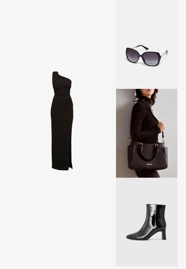 Črna enoramenska obleka z nabranimi detajli, prilegajočim pasom in razporkom do stegna. Narejena iz gladkega, raztegljivega materiala.; Črne lakirane gležnjarje z ošiljenim nosom in srednje visokim blokastim peto. Gladka tekstura in minimalističen dizajn.; Črne prevelike sončne očala z degradacijskimi lečami, debelimi okvirji in zlatimi verižicami na ročajih.; Črna torbica z teksturirano površino, z dvema zgornjima ročajema in nastavljivim ramenskim pasom. Ima zlatovrateče dodatke in stranske žepe.
