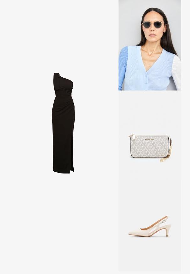 Rochie neagră, cu un umăr, cu detalii pliate, talie ajustată și o deschidere până la coapsă. Fabricată dintr-un material neted și elastic.; Sandaie cu toc alb, cu vârful ascuțit, material superior neted, toc mic tip bloc și design cu decupaj lateral, cu curea ajustabilă.; Ochelari de soare rotunzi cu lentile întunecate și rame aurii. Modelul poartă un cardigan ribbed de culoare albastru deschis cu nasturi și mâneci albe în contrast.; Clutch Michael Kors din canva acoperit bej, cu un model repetitiv al logo-ului MK, accesorii din aur și o curea cu lanț detașabil.