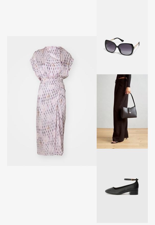 Ανοιχτό μωβ φόρεμα με χαλαρή εφαρμογή, που διαθέτει υφασμάτινη υφή, κάθετες γραμμές και συγκεντρωμένη μέση για στήσιμο.; Μαύρο δερμάτινο τακούνι με μυτερή μύτη και χαμηλό τετράγωνο τακούνι. Διαθέτει λουράκι στον αστράγαλο με χρυσό τόνο πόρπη. Λείο υφή.; Μαύρα υπερμεγέθη γυαλιά ηλίου με κλειστή βαθμίδα φακού, παχιά σκελέτη και λεπτομέρειες από χρυσή αλυσίδα στις βραχίονες του σκελετού.; Μαύρη τσάντα χειρός με δομημένο σχήμα, λεία υφή και μεταλλικό κούμπωμα. Συνδυασμένη με φαρδιά μαύρα παντελόνια και σανδάλια ανοιχτής μύτης πάνω σε ξύλινο πάτωμα.