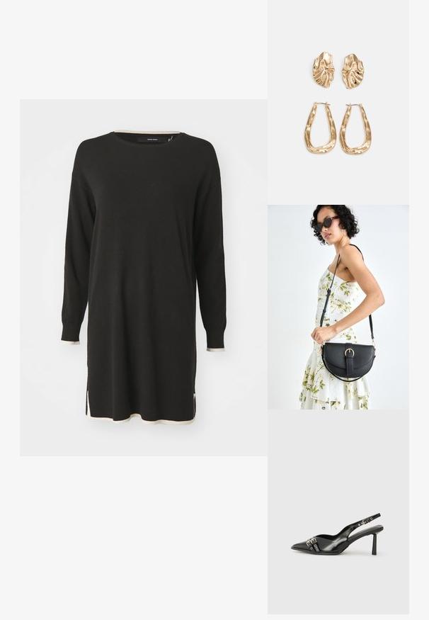 Svart langermet genserkjole med kremfargede ribbede aksenter ved halslinningen og nederkanten. Har sidesplitt for lettere bevegelse.; Sorte patentlær slingback-sko med spiss tå, ankelremmer med sølvspenner og detaljer, og en slank hæl.; Svart lærveske med en buet form, avtagbar stropp og gullbeslag. Vesken har et klaff med spenne-detall.; Gullfargede øredobber med teksturerte, bølgete former. Inkluderer skulpturelle klipsstuds og åpen hoop-design med en hamret finish.