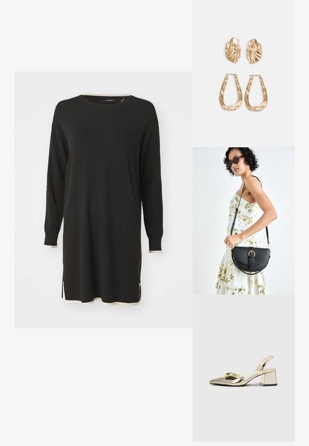 Fekete, hosszú ujjú pulóverruha krémszínű bordázott részletekkel a dekoltázs és az alj körül. Oldalsó hasítékokkal a szabad mozgás érdekében.; Arany, fémből készült slingback sarkú cipők hegyes orral és vastag sarokkal. Simaság, minimalista design és keskeny pánt jellemzi.; Fekete bőrtáska ívelt formával, levehető pánttal és arany színű fémrészekkel. A táskán egy csattal díszített fedél található.; Aranyszínű fülbevalók, texturált, hullámos formákkal. Tartalmazza a szobrászati klipszes studokat és az open hoop kialakítást, kalapácsos felülettel.