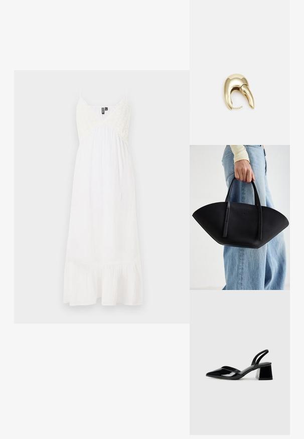 Bela poletna obleka z nastavljivimi naramnicami, podrobnostmi iz čipke na telesu, zgrnjenim pasom in tekočim robom z nabranim robom. Narejena iz lahkega blaga.; Črne lakirane slingback pete s koničastim nosom in geometrijsko blokasto peto. Imajo eleganten, minimalističen dizajn in gladko teksturo.; Črna usnjena torbica z edinstveno obliko ventilatorja, z ravnimi ročaji. Površina ima teksturo z drobnimi kamni in minimalističen dizajn.; Uhane nakit iz zlatastega tona z gladko, ukrivljeno zasnovo. Ima edinstveno koničasto obliko, polirano površino in zaponko s tečajem.