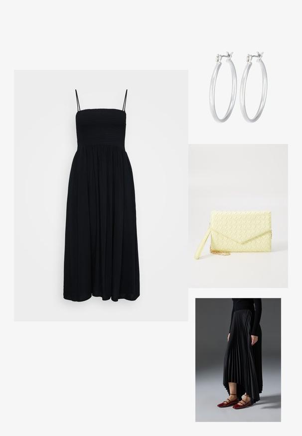 Juodas maxi suknelė su reguliuojamais spaghetti diržais, raukšlėta krūtinė, susiraukšlėjęs sijonas ir minkšta medžiaga, suteikianti laisvai krentantį siluetą.; Juoda plisuota sijonas su aukštesniu priekiniu kraštu, derinamas su blizgiomis raudonomis plokščiomis bateliais, turinčiais dirželio dizainą. Medžiaga yra glotni.; Geltona audinė piniginė su užsegimu, nuimamą rankinę juostą ir auksinį akcentą. Lygi tekstūra ir stačiakampis forma.; Sidabriniai auskarai su sklandžiu, poliruotu paviršiumi. Apvalios formos ir saugus uždarymo mechanizmas. Lengvas dizainas, tinkantis kasdieniam dėvėjimui.