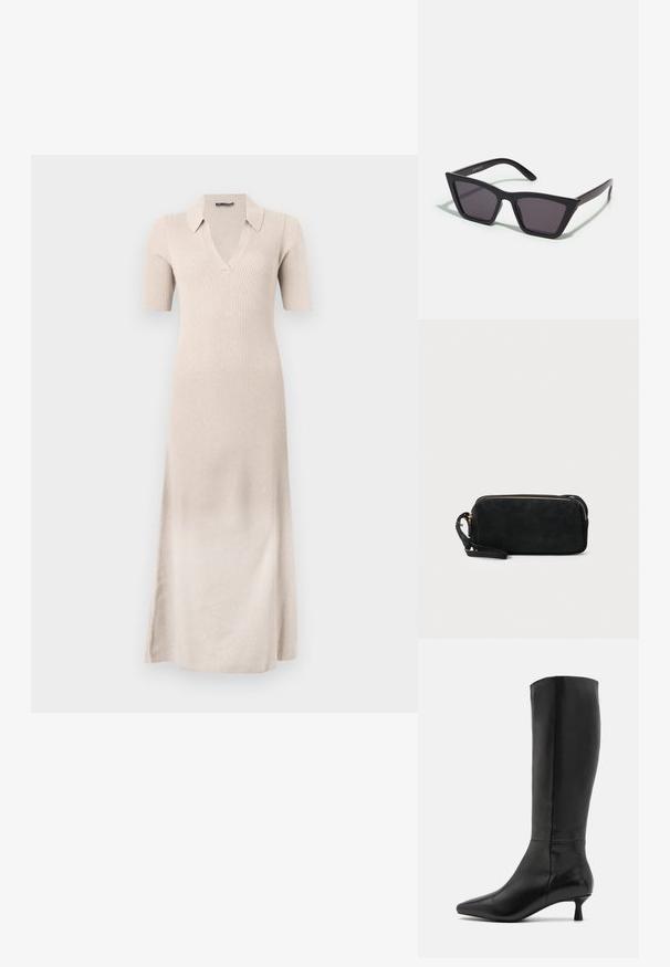 Béžové pruhované šaty s krátkymi rukávmi, výstrihom do V a golierom. Dlhý, priliehavý strih s bočnými rozparkami pre pohodlie pri pohybe. Mäk zú textúra.; Zign Čižmy - black; Čierne, ostré slnečné okuliare so sivými sklami; vyrobené z plastu, majú hrubé ramená s hladkým povrchom a bez viditeľnej mechaniky.; Čierna semišová kabelka na ruku so zipsovým uzáverom a odnímateľným zápästným popruhom. Obsahuje zlaté kovové komponenty a hladký, matný povrch.