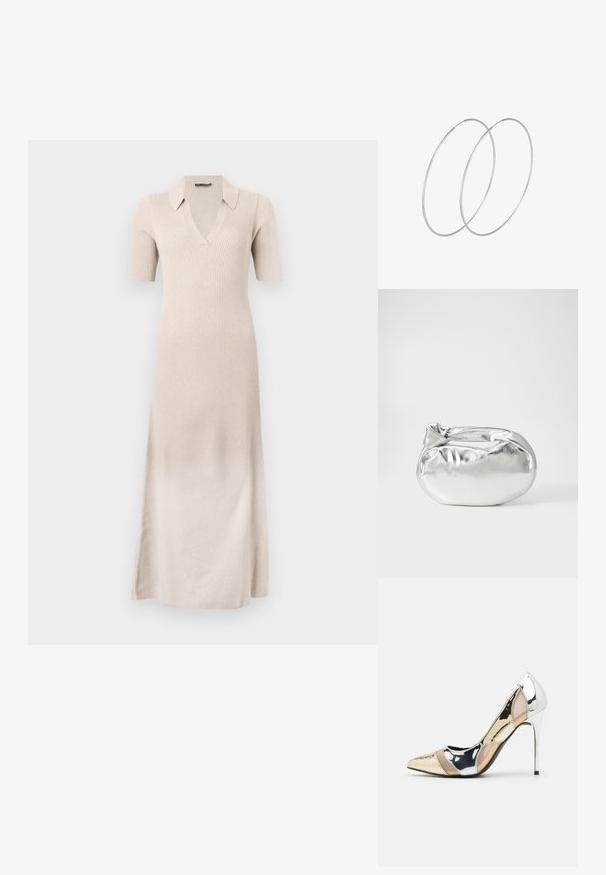 Vestido beige con canalé, de mangas cortas, escote en V y cuello. Silueta larga y ajustada con aberturas laterales para mayor facilidad de movimiento. Textura suave.; Zapato de tacón alto con punta afilada en una combinación de colores plateado, dorado y nude. Acabado brillante con diseño recortado, que presenta un tacón de aguja.; Bolsa de pouch metálica plateada con una forma suave y redondeada y un cierre en la parte superior con un nudo. Hecha de un material de imitación de cuero suave.; Pendientes de aro plateados con un diseño minimalista. Forma circular, textura suave y perfil delgado. Livianos con un acabado pulido.