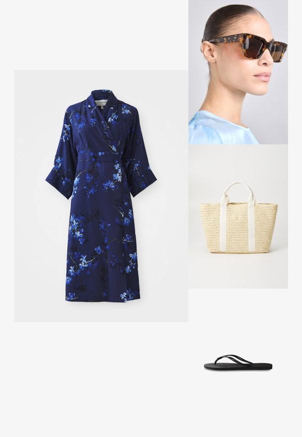 Granatowa sukienka w kwiaty z rękawami do 3/4, z niebieskimi i białymi wzorami kwiatowymi, wykonaną z miękkiego materiału oraz z detalem w postaci paska.; Czarne klapki z teksturowaną gumową podeszwą, dwiema smukłymi paskami oraz subtelnym, wytłoczonym logo na pasku.; Okulary przeciwsłoneczne w kolorze żółwim z masywną, prostokątną oprawką. Ciemne soczewki i złote akcenty na zausznikach. Gładkie, błyszczące wykończenie.; Torebka z plecionego słomkowego materiału w naturalnym beżu, z białymi materiałowymi uchwytami z wytłoczonymi akcentami, o ustrukturalizowanym kształcie i otwartym projekcie.