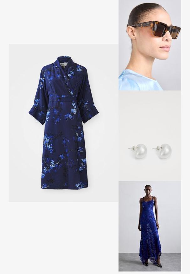 Jūrinio rašto gėlių suknelė su trimis ketvirtadaliais rankovėmis, turi mėlynų ir baltų gėlių raštą, minkštą medžiagą ir diržo detalę.; Mėlynas ir purpurinis gyvūnų rašto ilgas suknelė su plonomis petnešomis, prigludusia krūtinės dalimi, plačiu apvadu ir permatomais akcentais.; Žirafų rašto saulės akiniai su masyviu, stačiakampiu rėmu. Tamsūs lęšiai ir auksinės spalvos akcentai ant šventyklių. Lygus, blizgus paviršius.; Sidabriniai perlų auskarai su kreivai suformuota pupelės forma. Lygus, blizgus paviršius, uždaromi segtuku ir atgaline fiksacija.