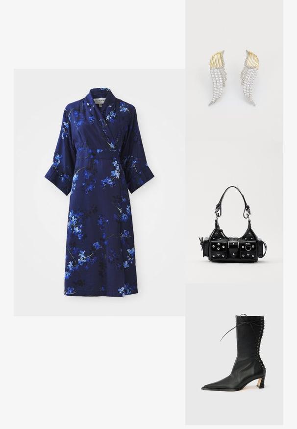 Tumesinine lillemustriga ümbrikkleit kolmeveerand varrukatega, millel on sinised ja valged lillemuster, pehme kangas ja vöödetael.; Mustast nahast pahkluu saabik terava varba, õhukese kontsa, tagaküljel paeltega ja metallist silmadega. Sile pind ja elegantne disain.; Must värvi nahast käekott, millel on kaarjas disain, hõbedased nupukesed, kinnitusahe ja kaks külgtaskut. Reguleeritav rihm erinevate kandmisvõimaluste jaoks.; Kaks tiivakujulist kõrvaehte, mis on valmistatud hõbedatooni metallist, millel on selged ümarad kristallid ja kuldtooni metallikattega kihiline disain.