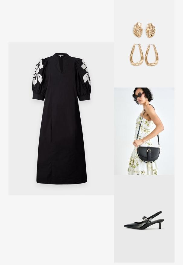 Rochie neagră cu decolteu în V și mâneci bufante. Prezintă broderie florală albă pe mâneci. Realizată dintr-un material neted, are o croială lejeră.; Sandale cu toc din piele patent neagră, cu vârful ascuțit și un toc mic bloc, având un accent cu cataramă argintie pe curea.; Geantă din piele neagră, cu o formă curbată, curea detașabilă și accesorii aurii. Geanta are un capac cu un detaliu tip cataramă.; Cercei aurii cu forme texturate și ondulate. Include studs sculpturale cu clip și un design de cerc deschis cu un finisaj cioplit.