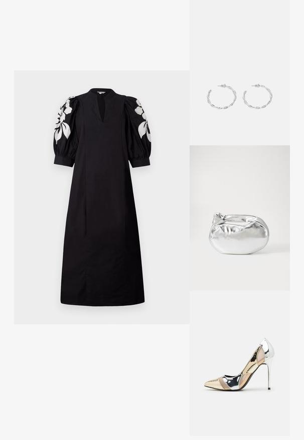 Juoda suknelė su V formos iškirpte ir pūstomis rankovėmis. Rankovės papuoštos baltomis gėlėmis siuvinėtu raštu. Pagaminta iš lygaus audinio, turi laisvą siluetą.; Aštrus pirštas aukštakulnis batelis su sidabro, aukso ir nuogų spalvų deriniu. Blizgus paviršius su išpjovos dizainu, su stiletto kulnu.; Sidabrinė metalinė maišelio forma su švelnia, apvalia forma ir mazgu užveriamu viršumi. Pagaminta iš lygios dirbtinės odos medžiagos.; Sidabriniai auskarai žiedai su sukto dizaino, turintys poliruotą apdailą ir fiksavimo smeigtuką. Skersmuo maždaug 3 cm.