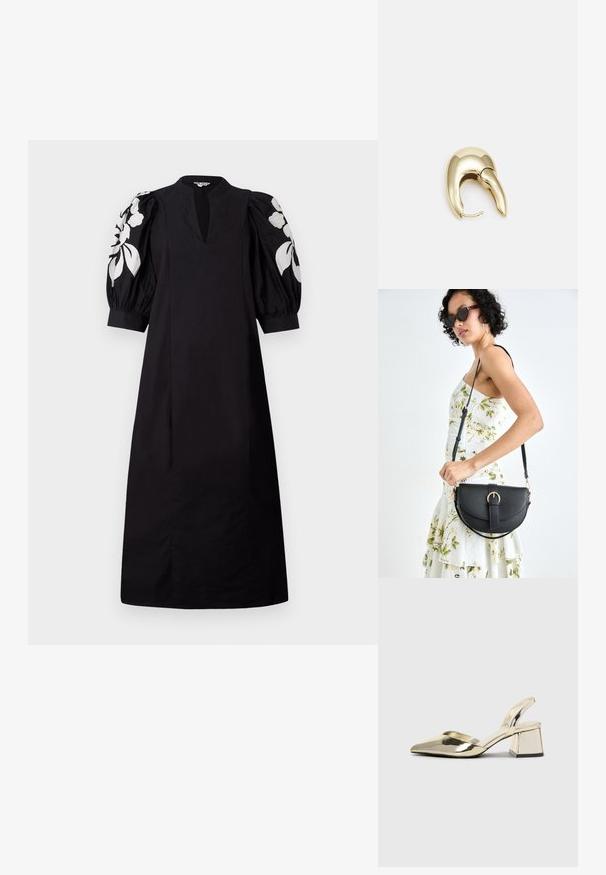 Rochie neagră cu decolteu în V și mâneci bufante. Prezintă broderie florală albă pe mâneci. Realizată dintr-un material neted, are o croială lejeră.; Pantofi cu toc slingback metalici aurii, cu vârf ascuțit și toc chunky. Textură netedă, design minimalist și o curea subțire.; Geantă din piele neagră, cu o formă curbată, curea detașabilă și accesorii aurii. Geanta are un capac cu un detaliu tip cataramă.; Cercei din metal de culoare aurie cu un design elegant și curbat. Prezintă o formă distinctivă, ascuțită, o suprafață lustruită și un sistem de închidere cu balama.
