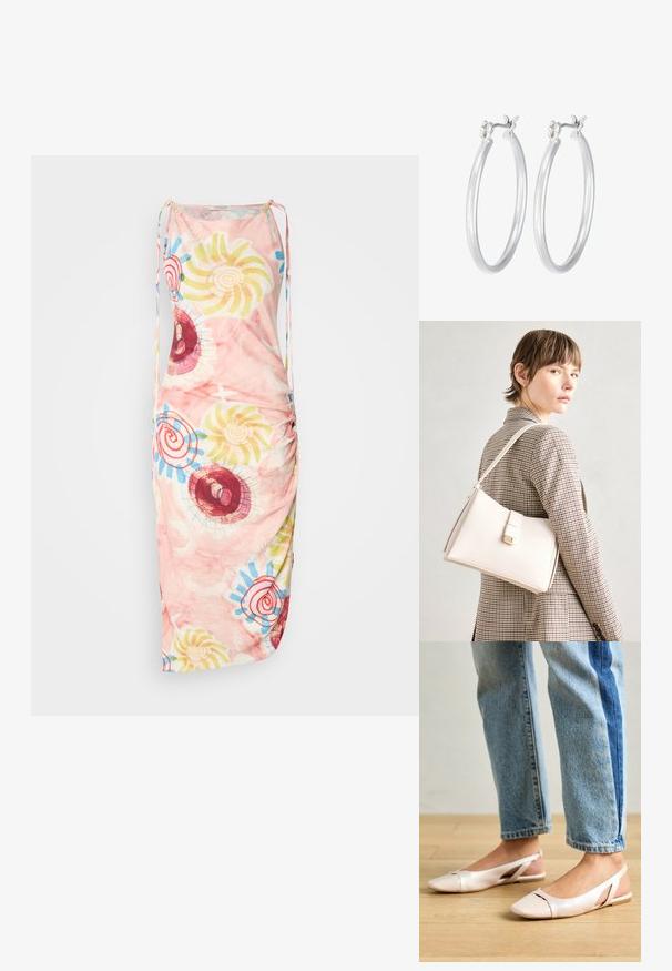 Rankoveless, raukšlėtas suknelė iš švelnaus rožinio audinio. Pasižymi spalvingais spiralės ir gėlių raštais raudona, geltona ir mėlyna spalvomis. Reguliuojamos petnešos.; Šviesiai rožiniai slingback baleto bateliai su smailiu pirštu, pagaminti iš lygios odai panašios medžiagos. Yra išpjovimų detalės šonuose ir plokščias kulnas.; Balto odos rankinė su struktūrizuotu dizainu, turinti magnetinį užsegimą ir petnešą, demonstruojama prieš neutralią foną.; Sidabriniai auskarai su sklandžiu, poliruotu paviršiumi. Apvalios formos ir saugus uždarymo mechanizmas. Lengvas dizainas, tinkantis kasdieniam dėvėjimui.