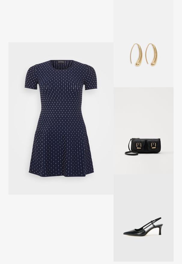 Short-sleeve navy dress with a fitted bodice, flared skirt, ribbed texture, and white dot patterns throughout.; Black patent slingback heel with a pointed toe, featuring textured snake print, adjustable strap, and a short, textured block heel.; Black leather crossbody bag with two front pockets, gold buckles, zipper closure, and a slim strap. Textured surface and compact rectangular shape.; Gold-tone metal hoop earrings with a curved, elongated shape. Features a smooth, shiny surface and a rounded tip for added detail.