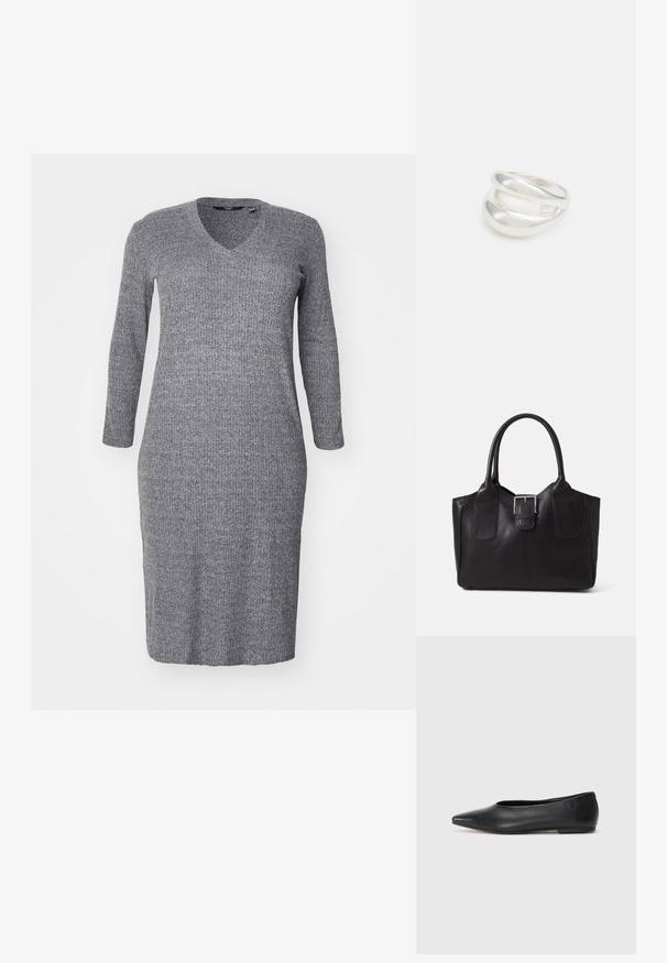 Šedé pletené šaty s výstrihom do V a dlhými rukávmi. Tkanina má textúrovaný povrch a priliehavý strih, siahajúci po polovicu lýtok.; Čierne kožené baletky, špicatý špička, minimalistický dizajn, hladká textúra, nízky podpätok, bez viditeľných prvkov alebo ozdôb.; Čierna kožená taška s hladkou textúrou, štruktúrovaným tvarom, dvoma uchami a výrazným strieborným prackovým detailom na prednej strane.; Strieborný prsteň s dvojitým pásikom s hladkým, lesklým povrchom. Má plynulý, zakrivený dizajn s prekryvajúcimi sa časťami pre moderný vzhľad.